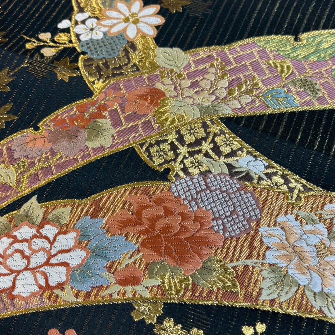 ［6157］袋帯 美品 寛文繍箔 露芝花 唐織 六通 正絹 着物 フォーマル 黒