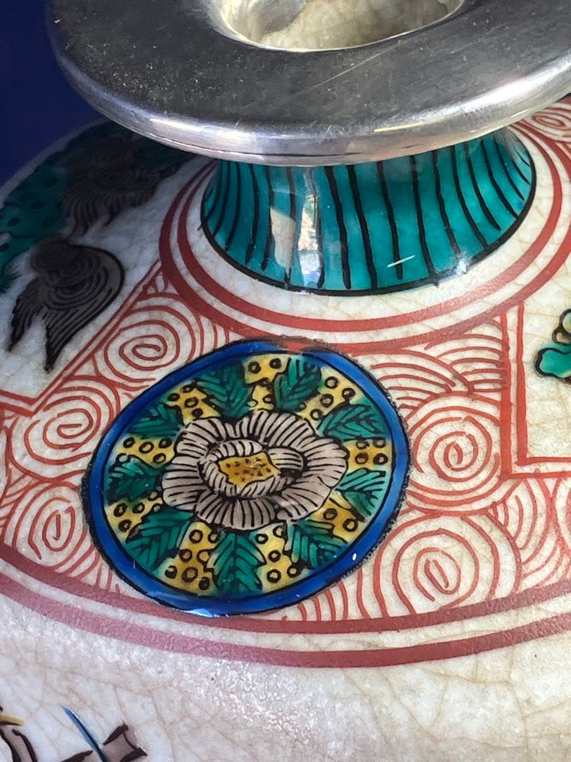 九谷焼　色絵花瓶　角福　花鳥図角型花瓶　銀修理品　レア　骨董品