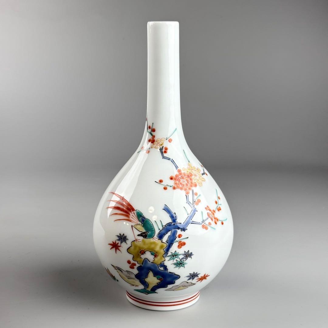 十三代酒井田柿右衛門作 錦梅鳥文花瓶 瓢箪花入 華道具 花生 花器 飾り瓶 共箱