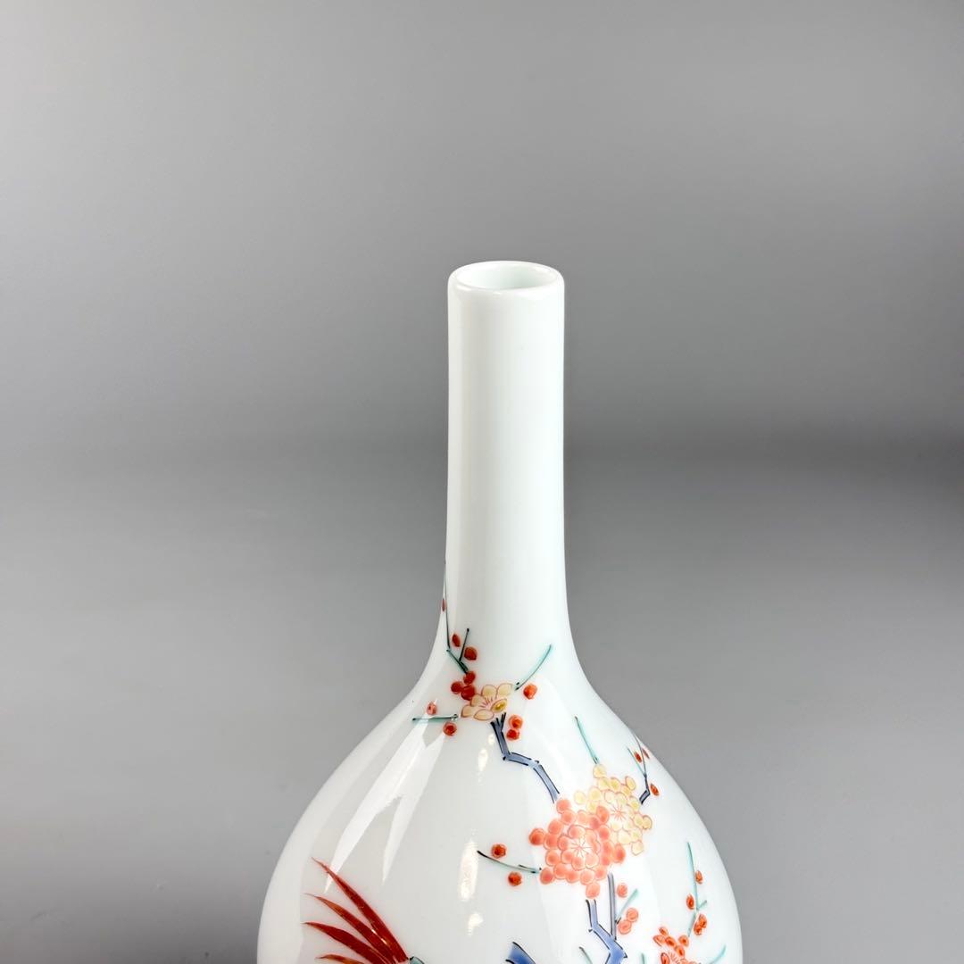 十三代酒井田柿右衛門作 錦梅鳥文花瓶 瓢箪花入 華道具 花生 花器 飾り瓶 共箱