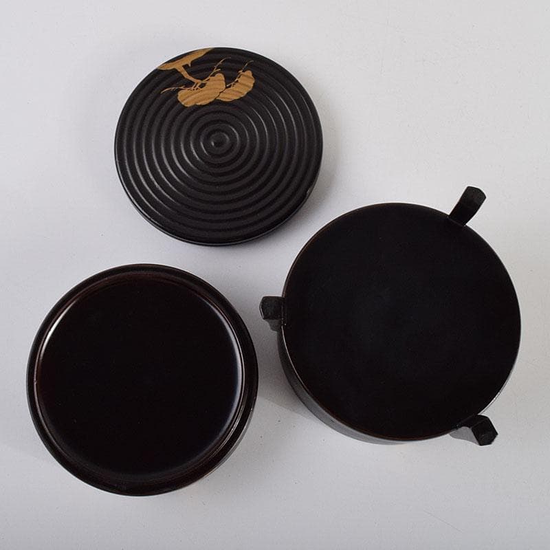 茶道具　黒漆　老松蒔絵　足付に段丸重　重箱　時代箱　C　8893