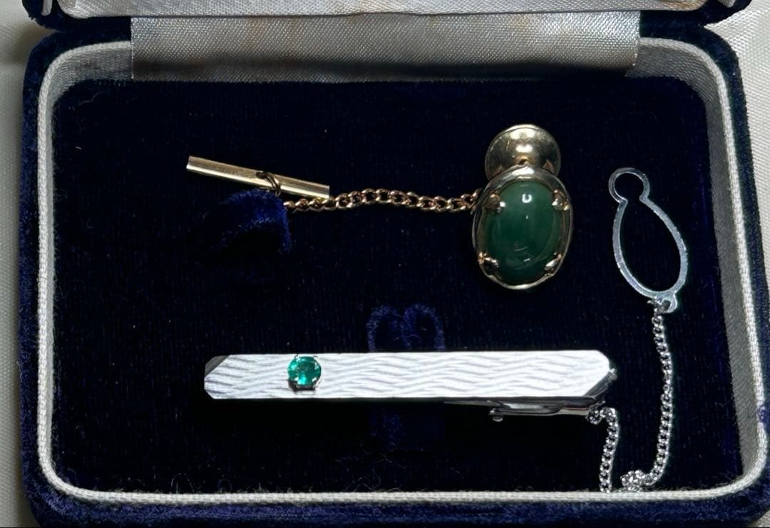 上村パール ネクタイピン＆タイタックセット グリーンストーン ヴィンテージ