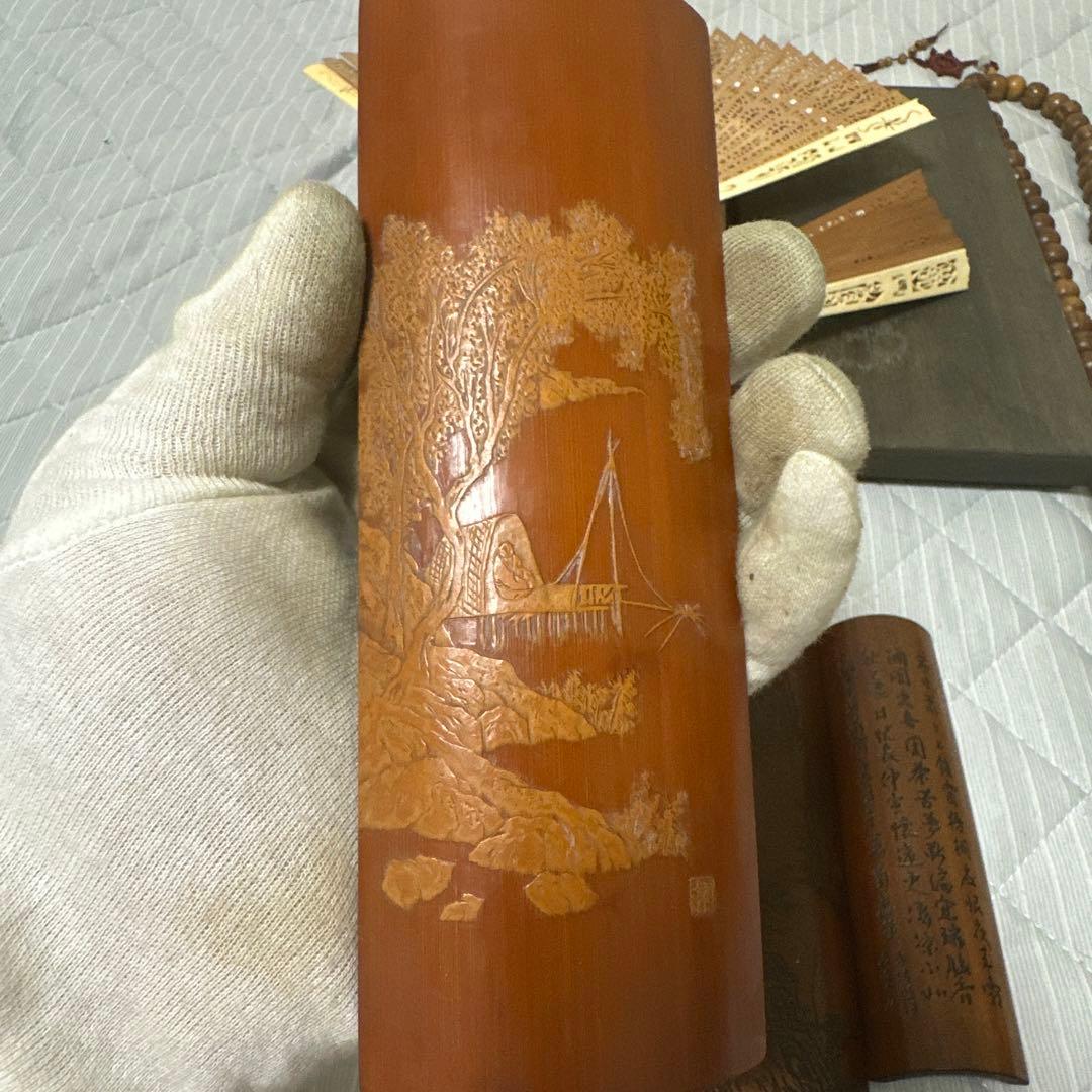 中国 日本時代物白檀念珠紫檀香筒竹彫 詩文 人物 山水 茶道具アンティークまとめ