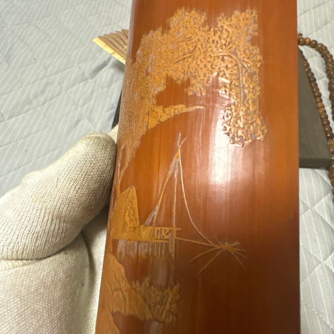 中国 日本時代物白檀念珠紫檀香筒竹彫 詩文 人物 山水 茶道具アンティークまとめ