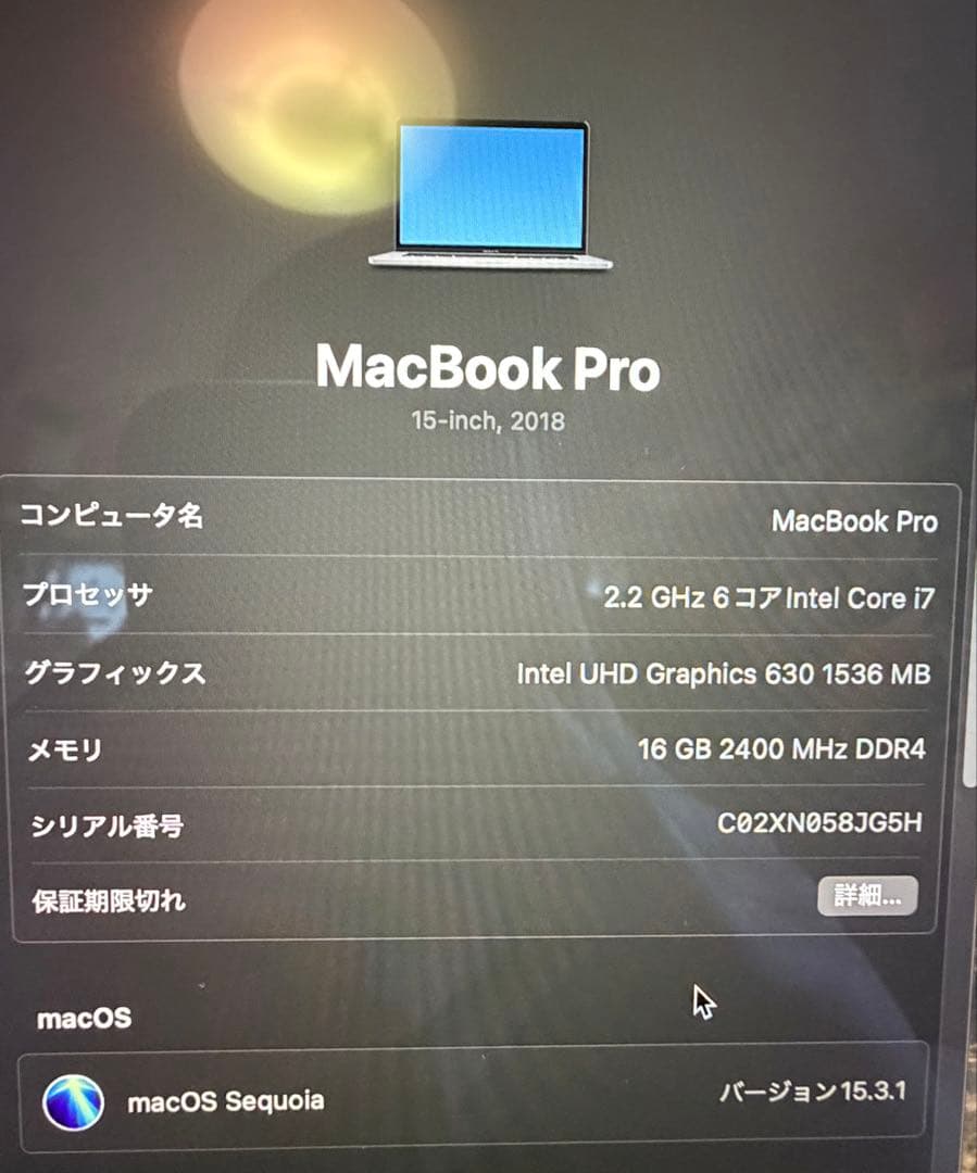 MacBook本体 Macbook Pro 2018 15inch i7 16GB 256GB
