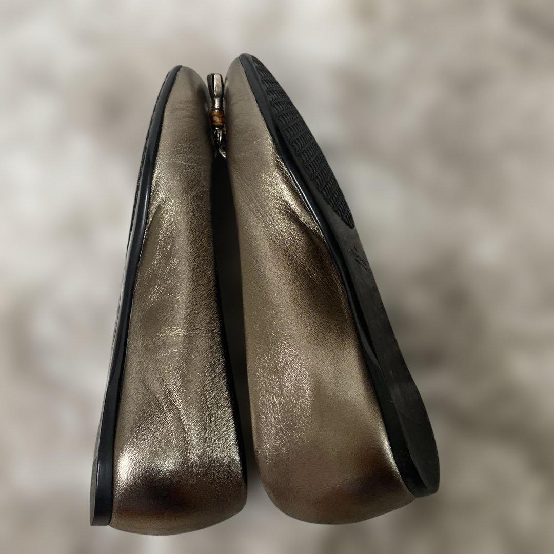 グッチ 36 リボンバレエシューズ ゴールド ブロンズ