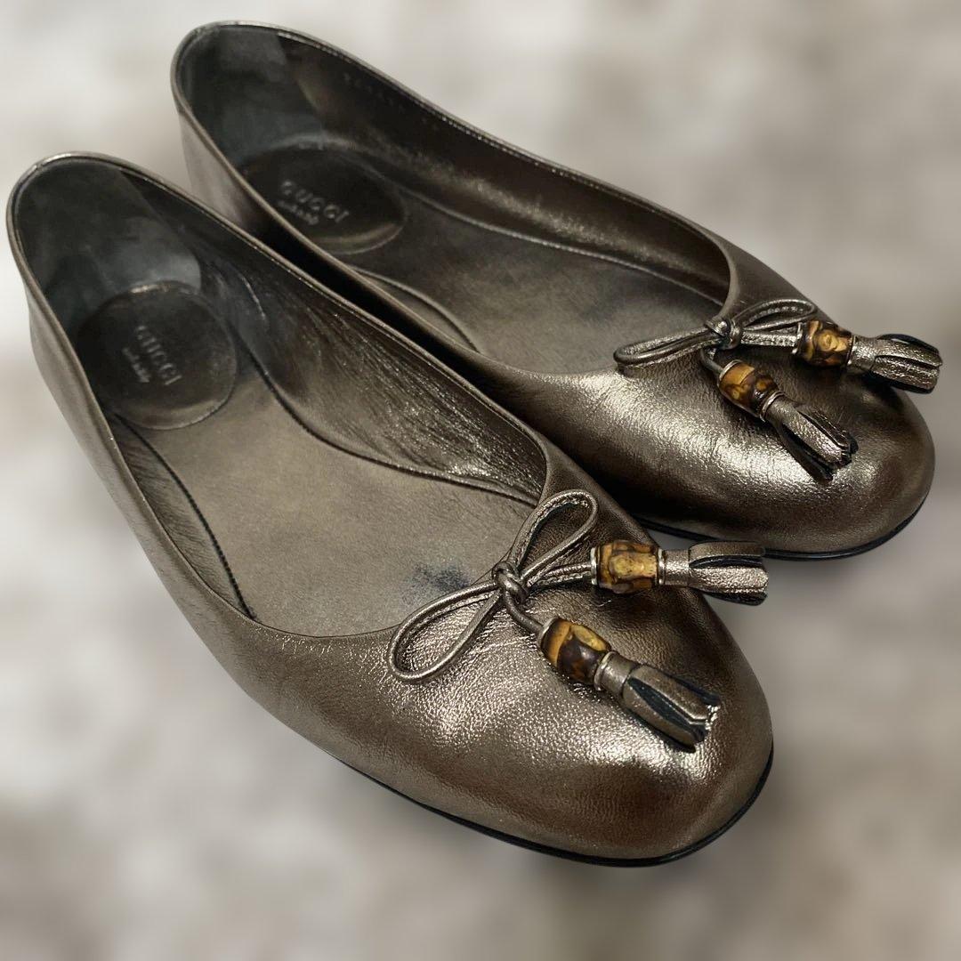 グッチ 36 リボンバレエシューズ ゴールド ブロンズ