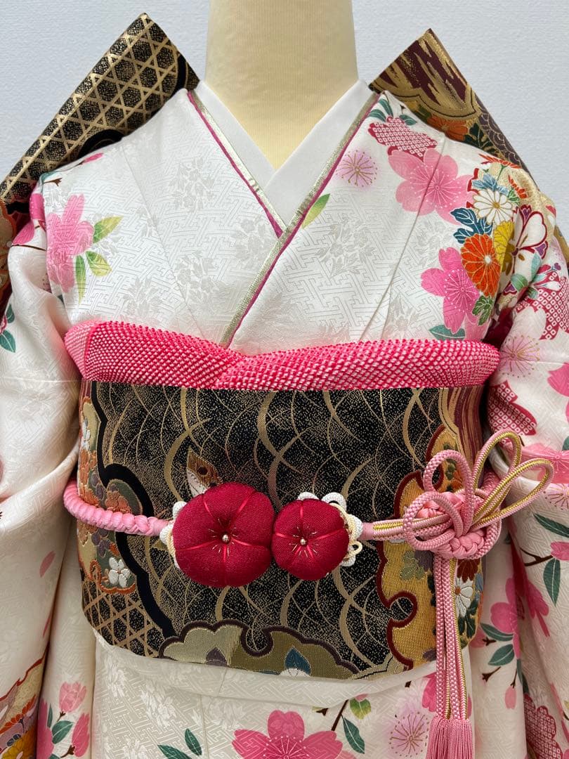 小柄な方　振り袖　フルセット　白　別誂長襦袢　成人式　金彩加工　刺繍入り　736