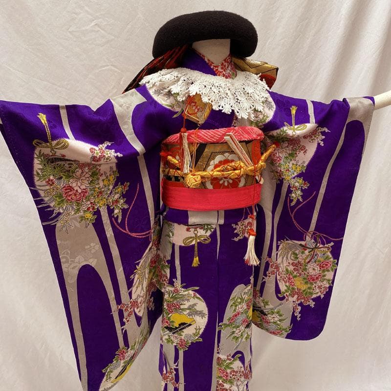 601ag24◎七五三 七歳 女児 アンティーク着物&丸帯&長襦袢 総柄 紫◎