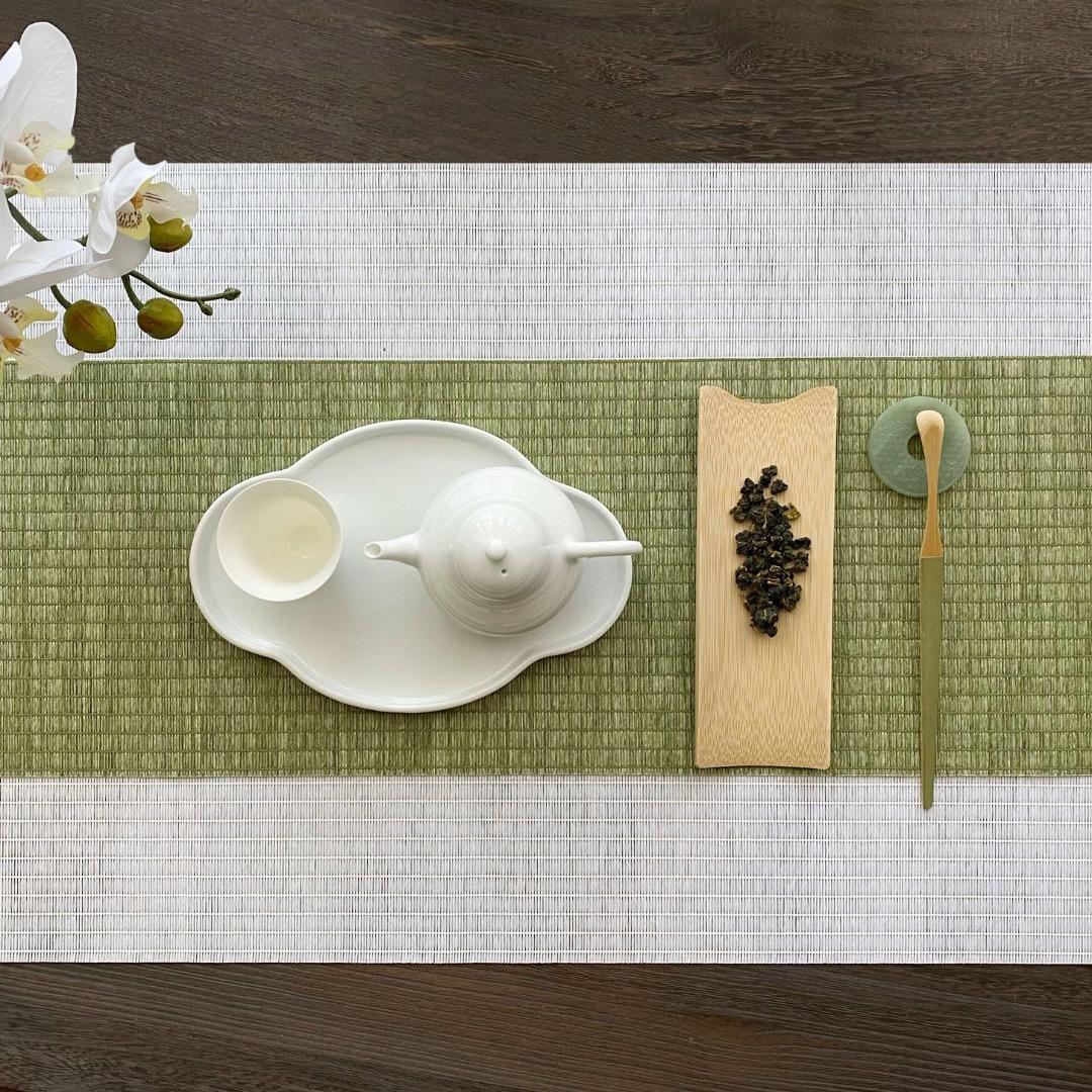 防水テーブルランナー  台湾茶道具 茶席 マット（若葉色+白 2m） 2枚セット