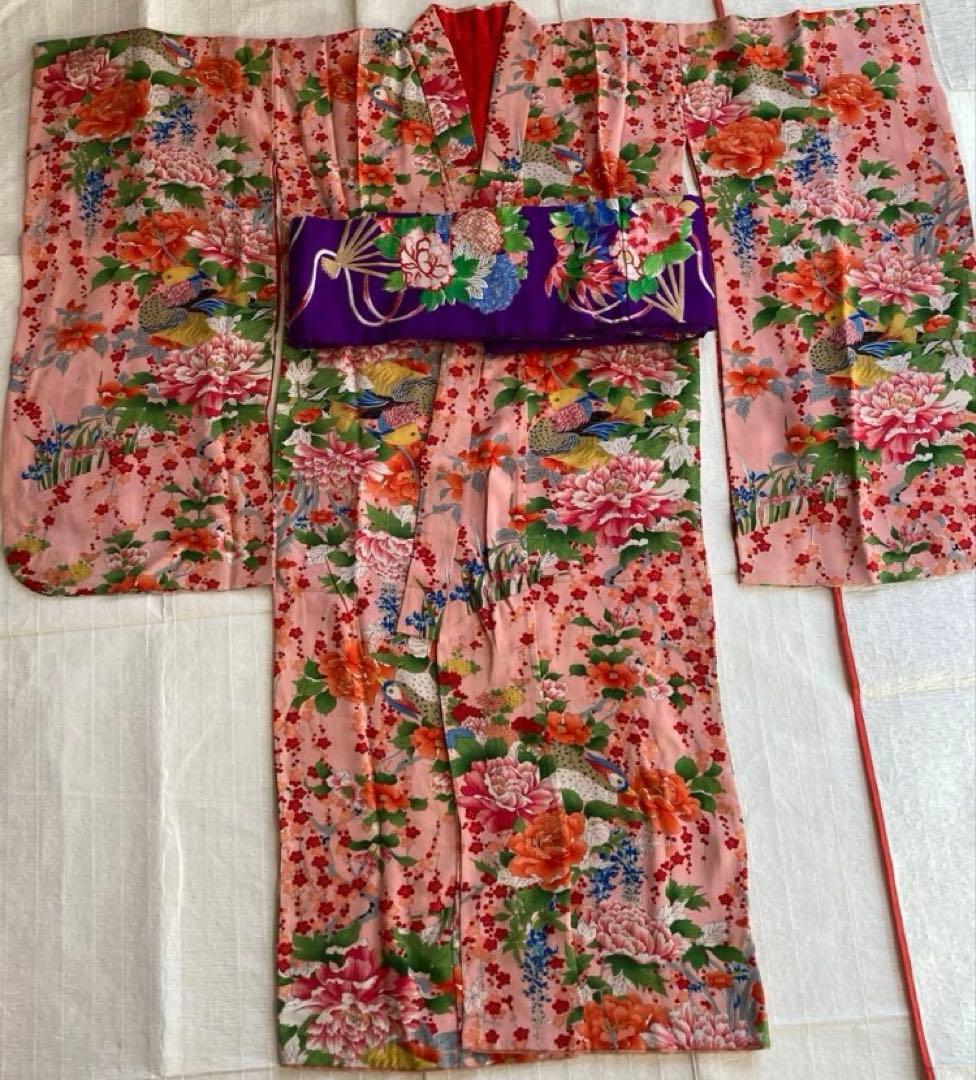 専用出品　希少鳥柄　アンティーク着物帯　7歳七五三　大正ロマン　錦紗　紅絹振袖