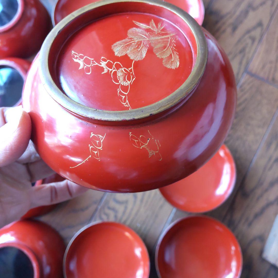 骨董　漆塗り　皆朱　沈金　菓子椀10客