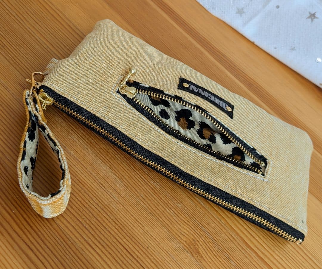 オレンジデニムリメイクバッグ（L）No.842☆ハンドバッグ　横長ポーチ