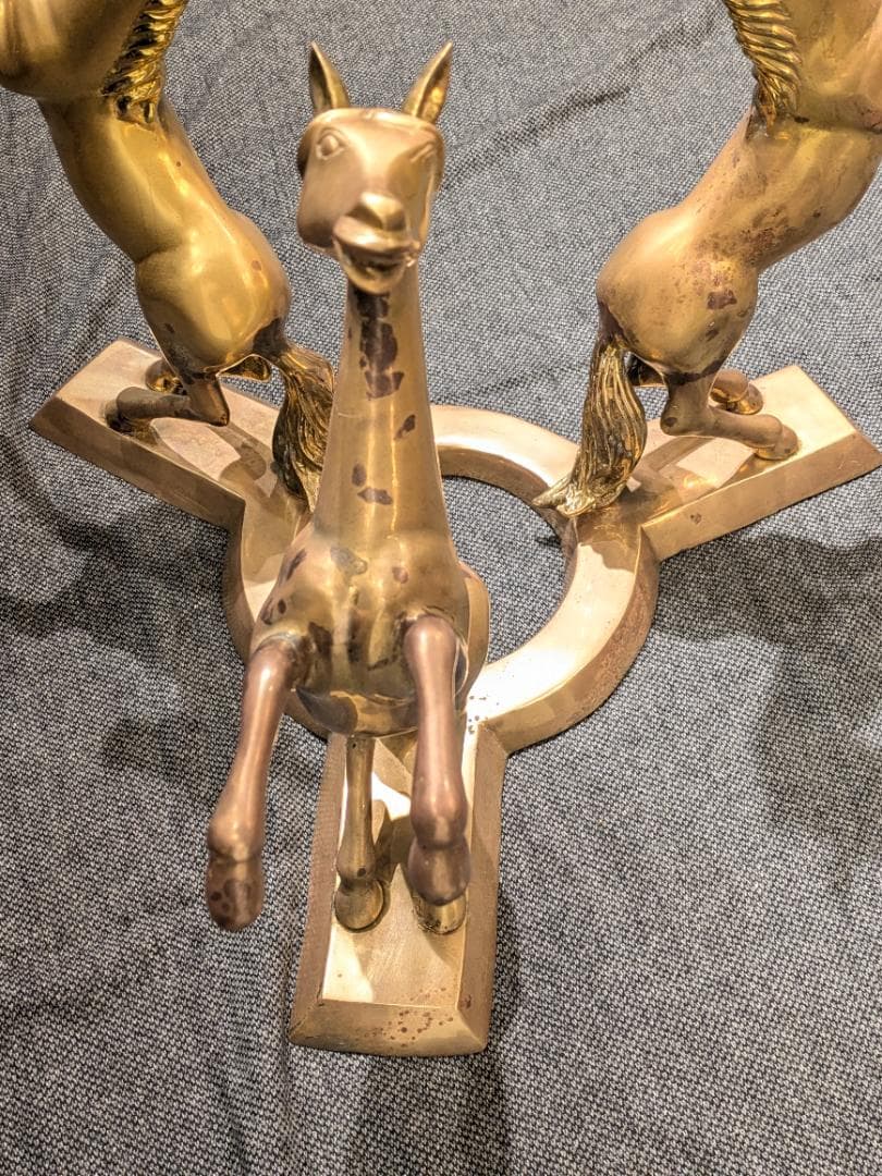 1【希少】サイドテーブル 銅無垢 ブロンズ製 上品 ガラステーブル 馬