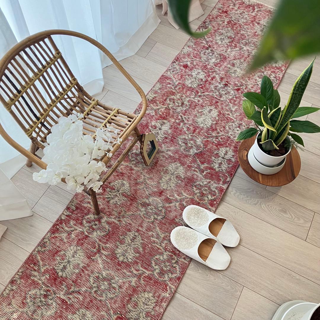 超ロング　シャビーレッド56×290✳︎紋章柄　ランナー　トルコヴィンテージラグ