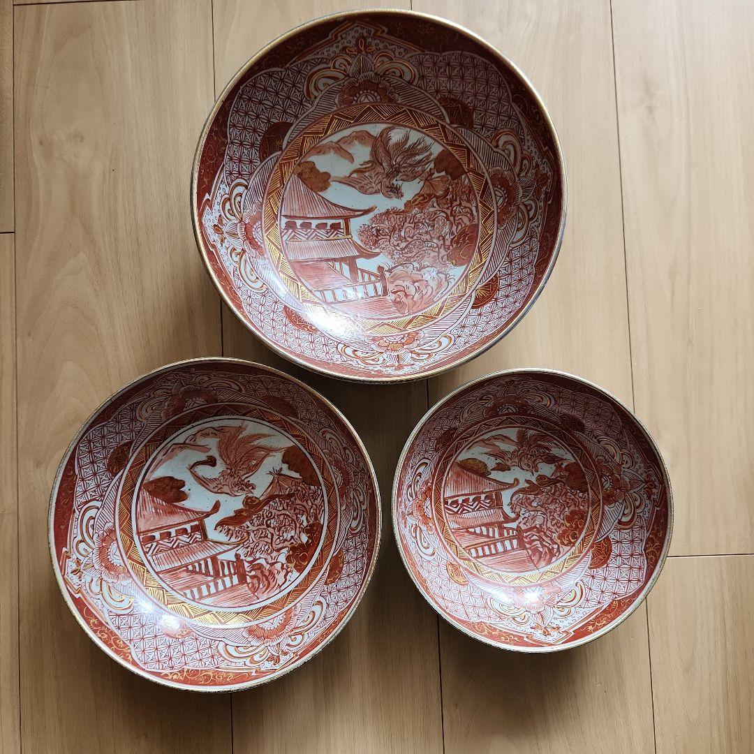 九谷金彩赤絵鳳凰楼閣文様三重鉢