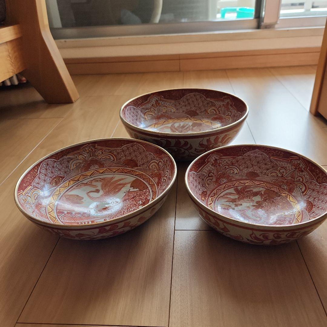 九谷金彩赤絵鳳凰楼閣文様三重鉢