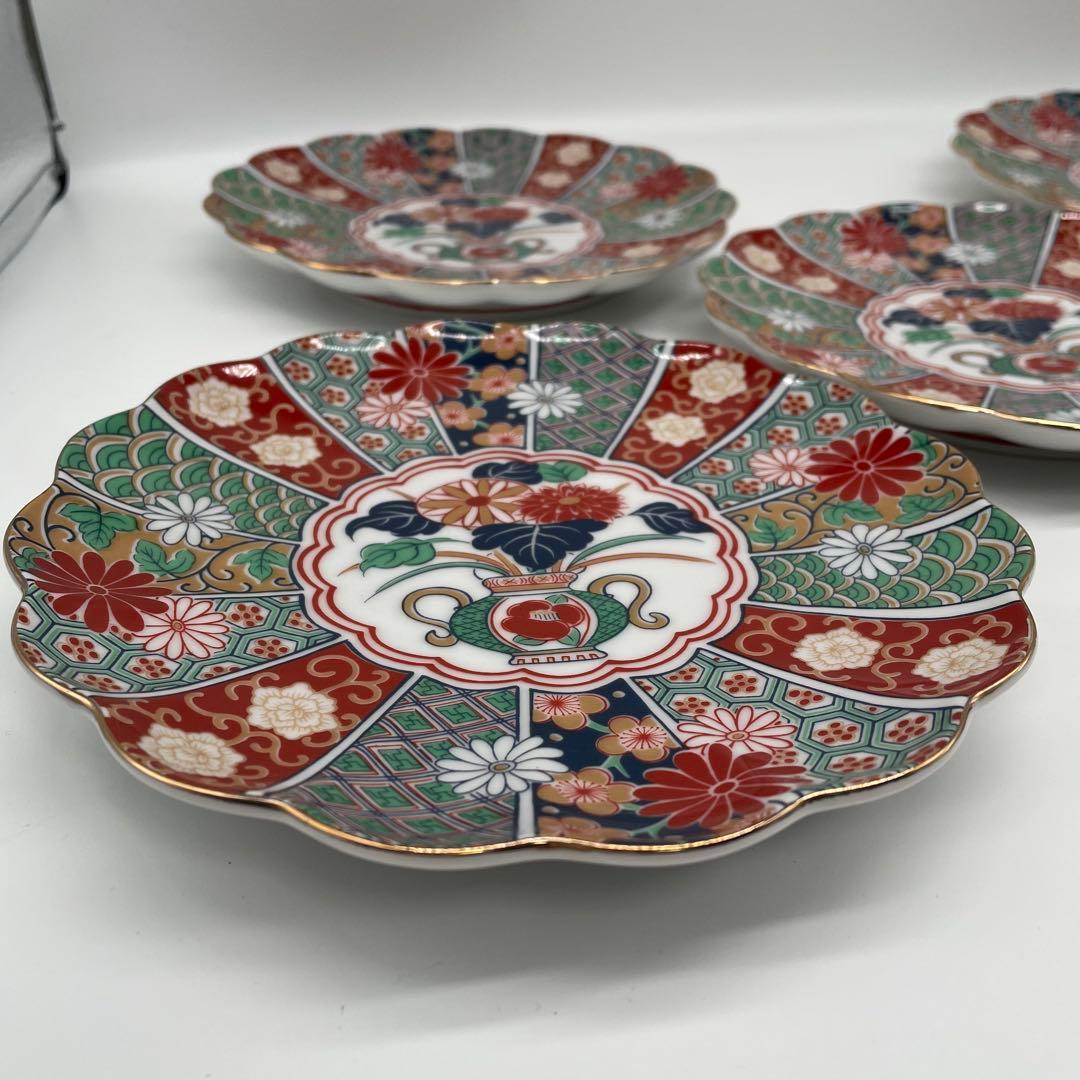 未使用 有田焼 陶扇菊割皿5枚セット 陶扇 田扇 菊割皿 錦絵 金彩 古伊万里