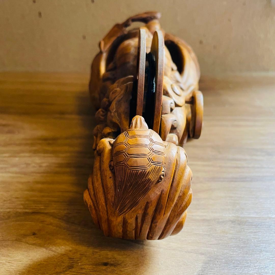 墨壺 墨つぼ 270mm 鶴 亀 龍 魚 寿 木彫 彫刻 大工道具 置物