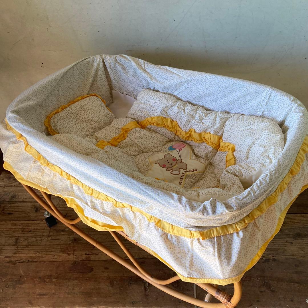 ヴィンテージラタン ベビーベッド 折り畳み キャスター クーファン アンティーク