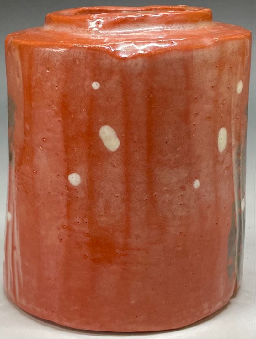 裏千家14世淡々斎宗室御書付　光悦雪片写　赤筒茶碗　四方桟共箱　仕覆　e561a