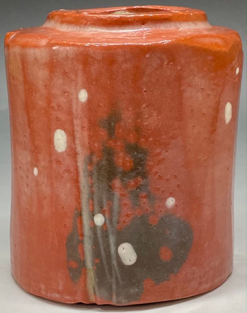 裏千家14世淡々斎宗室御書付　光悦雪片写　赤筒茶碗　四方桟共箱　仕覆　e561a