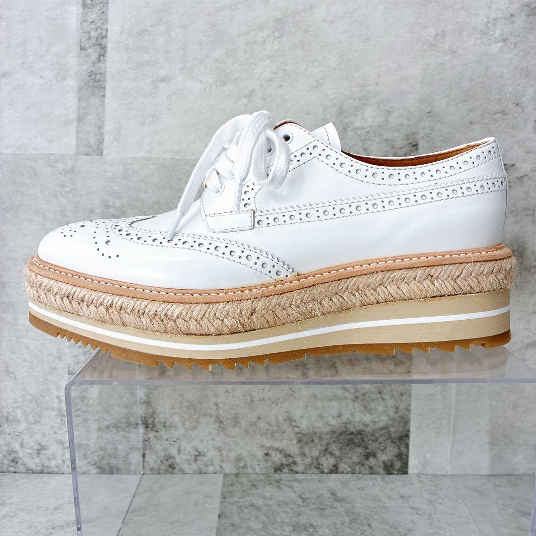 極美品 プラダ ウィングチップ エスパドリーユ 厚底 レザー プラットフォーム