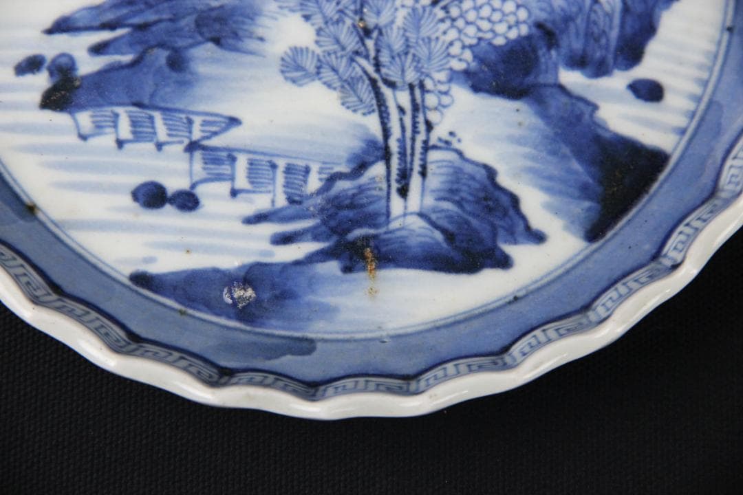 古伊万里 染付 山水 五枚 菓子皿 風景絵 江戸明治期 補修済み Eo21-7