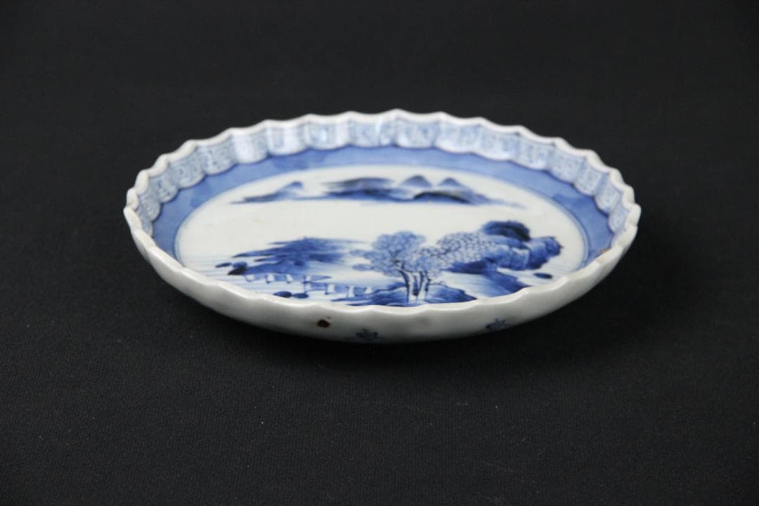 古伊万里 染付 山水 五枚 菓子皿 風景絵 江戸明治期 補修済み Eo21-7