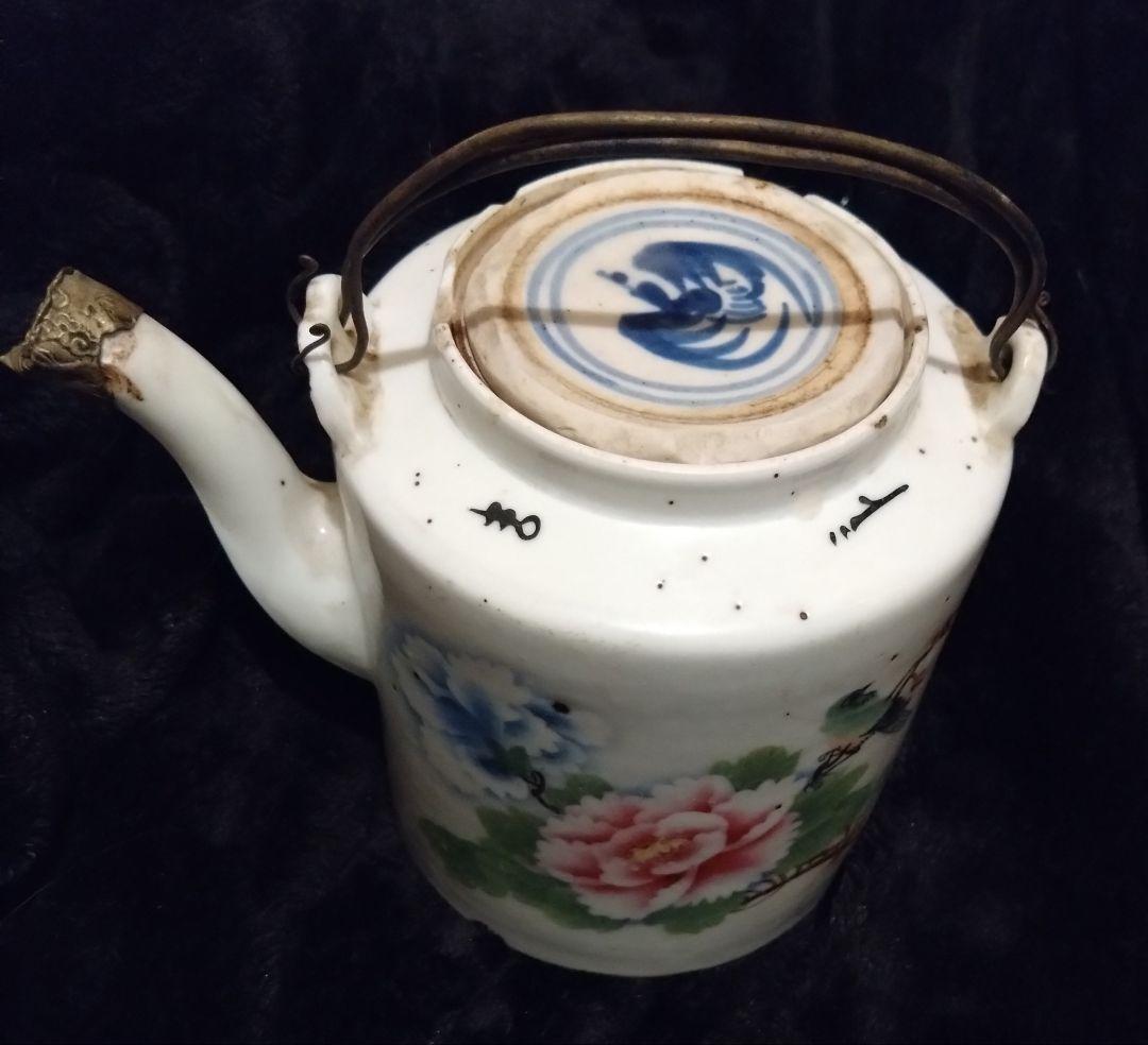 激レア　中国アンティーク　陶器製　花と小鳥柄　大きめな急須、ポット　茶器