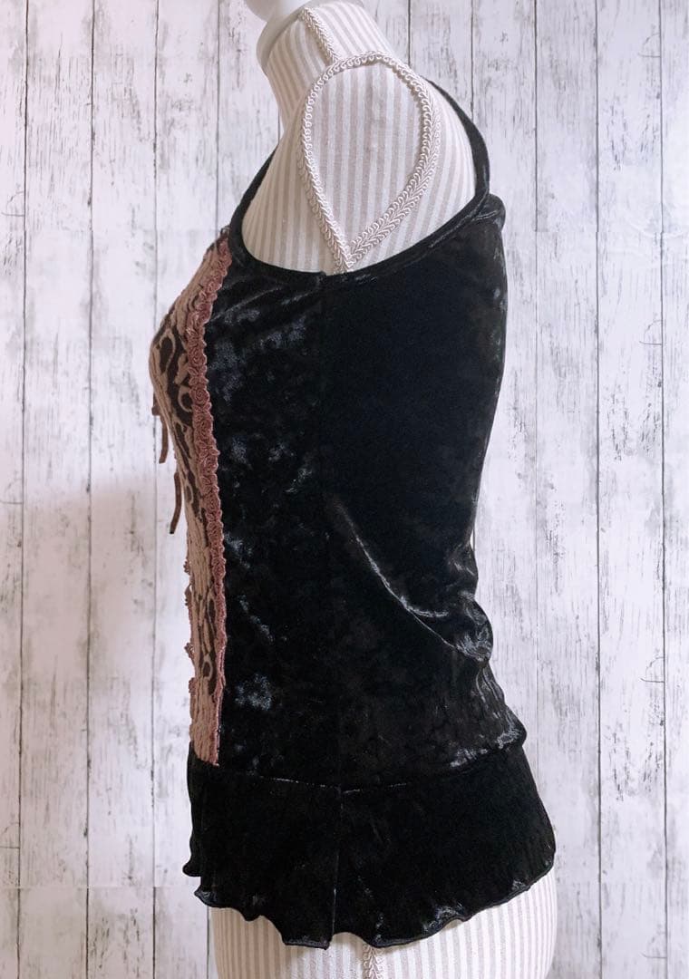 フェアリーグランジ レース リボン フリル ローズ ベロアキャミソールY2K古着