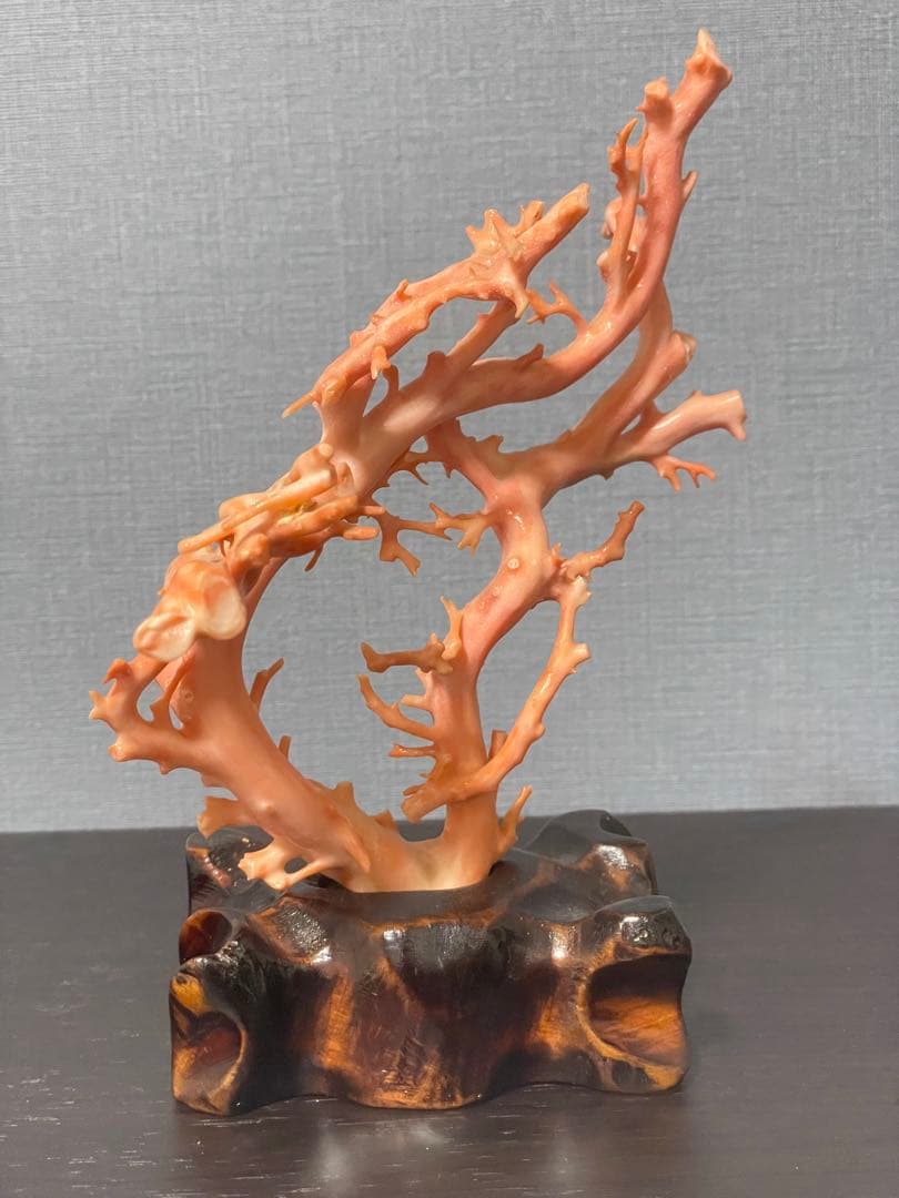 ピンクサンゴの置物 木製台座付き高さ20cm ぐらい　0340001T