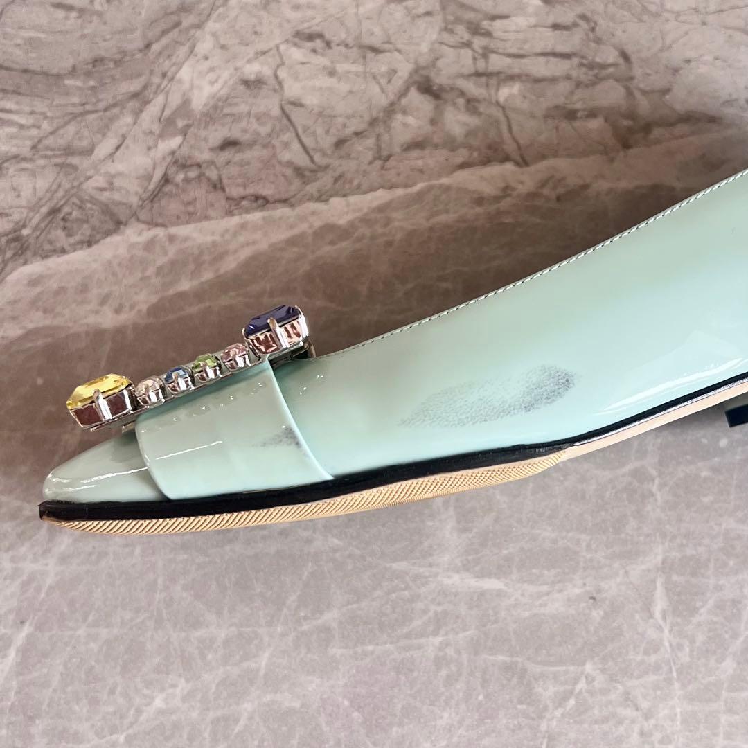 セルジオロッシ パテントレザー パンプス 35 グリーン バックル ビジュー