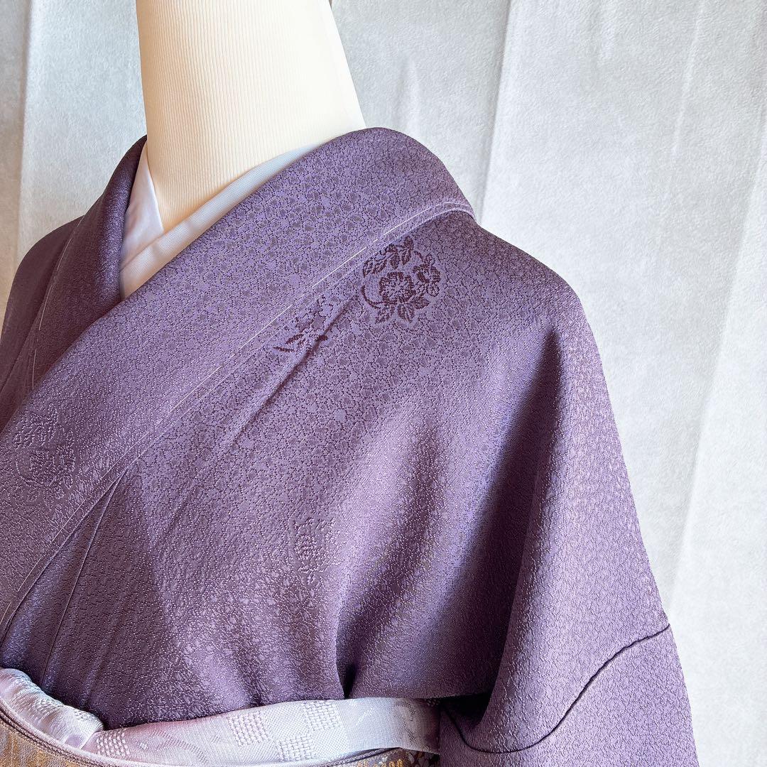 色無地　フルセット　着物　正絹　しつけ糸付き　紫　花丸文様　G8