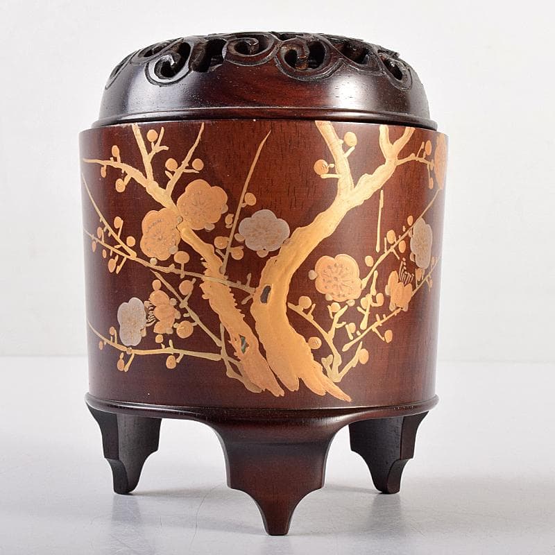 茶道具　荒木省山造　紫檀製　梅蒔絵　総彫蓋香炉　共箱　M　R7844