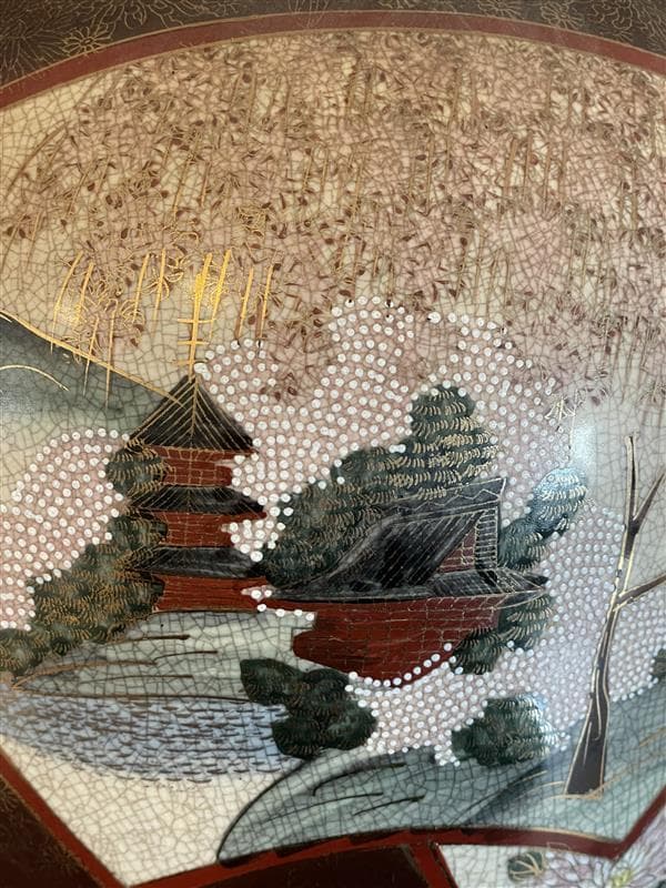 薩摩焼　連山作　色絵金襴手扇面花鳥風景図文大花瓶