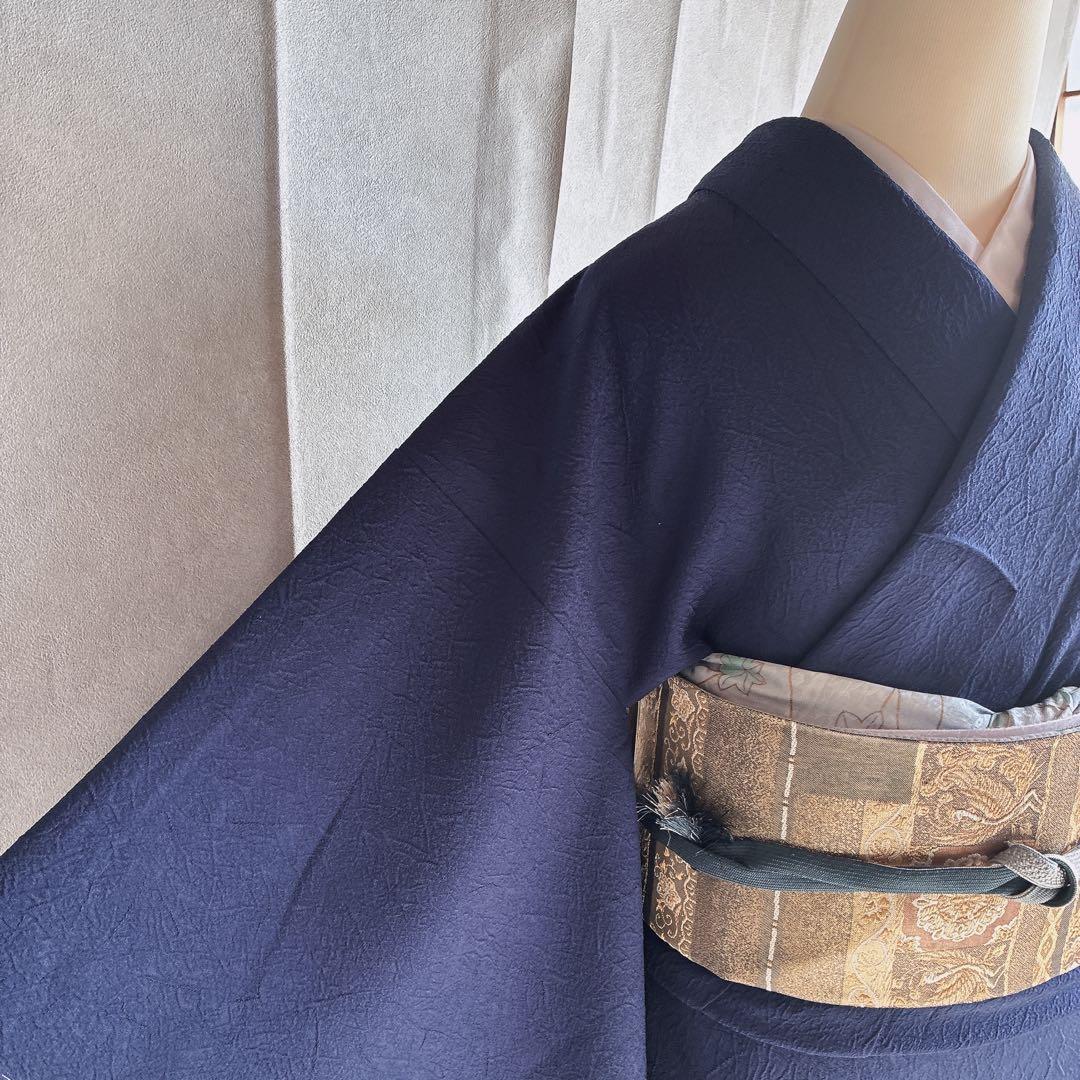 色無地　フルセット　着物　正絹　ブルー系　地紋　しつけ糸付き　一つ紋　共布　N3