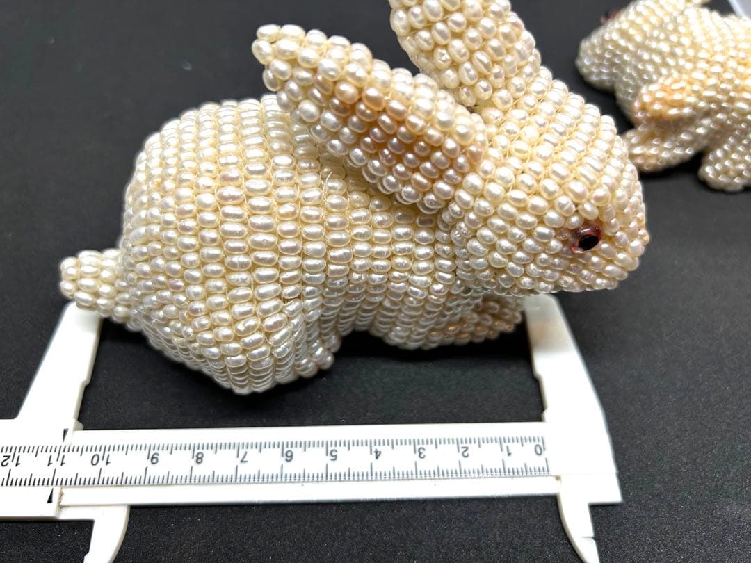 本淡水パール　ウサギの親子置物　ヴィンテージ　全身パールウサギ　縁起もの