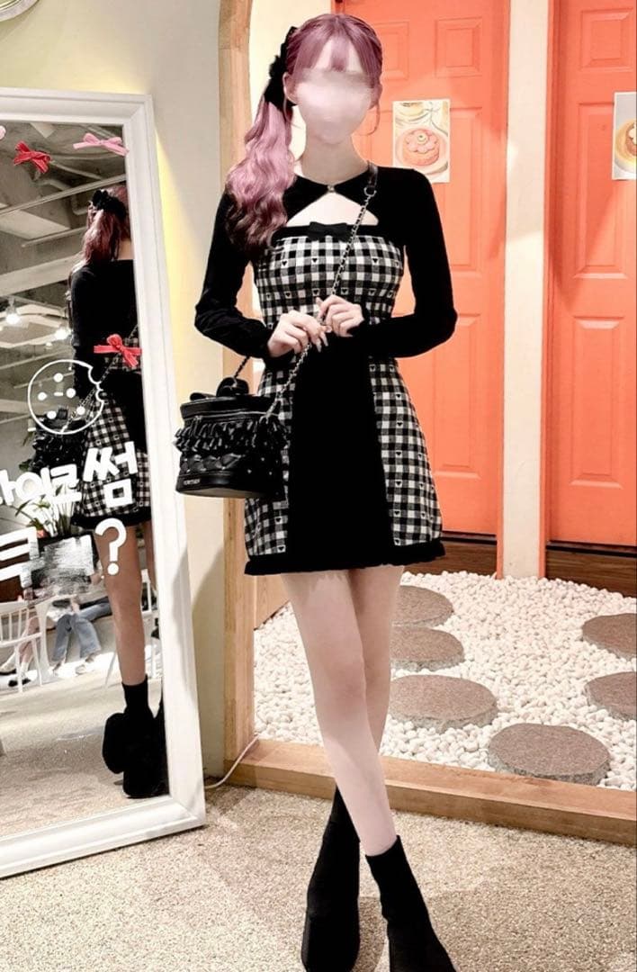 ハニーミュウ　バックリボン×ギンガムハートアンサンブルワンピース