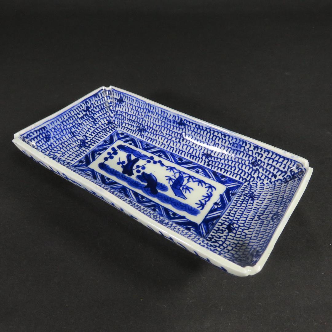 角皿 5枚 染付 古伊万里 明治 江戸 微塵唐草 松竹梅 歪み