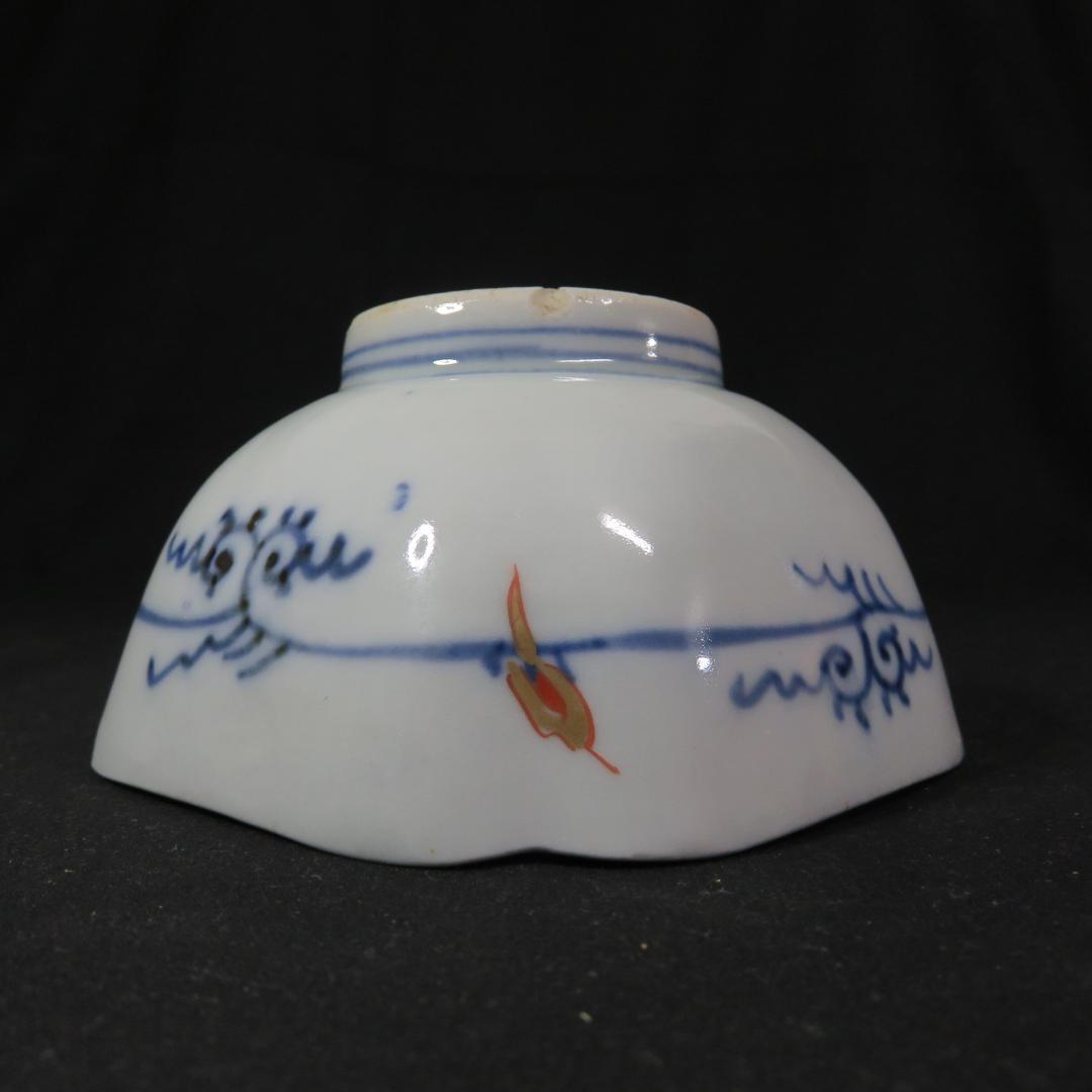 小鉢 4客 向付 角鉢 色絵 古伊万里 壽 瓢箪 花 柵 窯傷