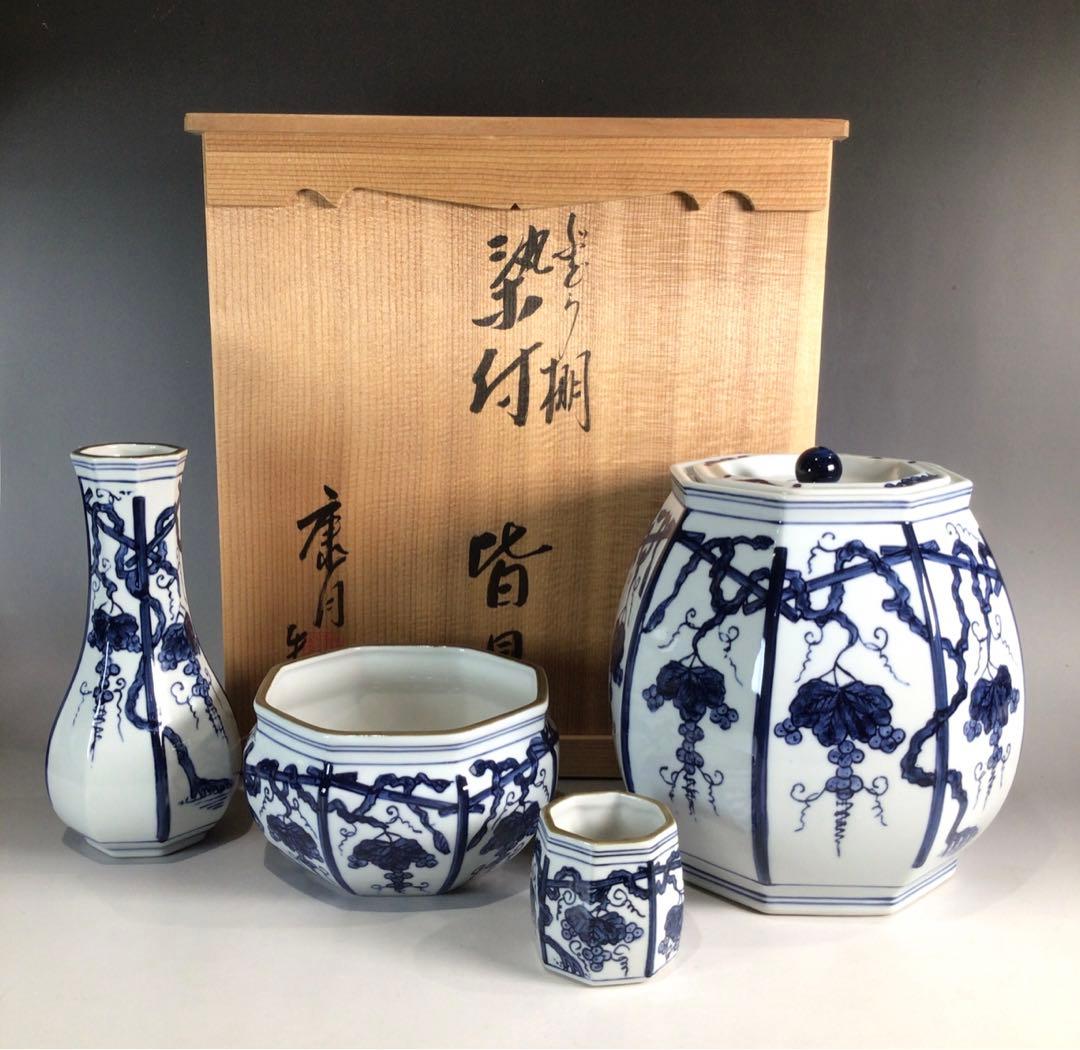 Ｐ２９１　皆具　『平安　鈴木康月造』『染付』『ぶどう棚皆具』　共箱　茶道具