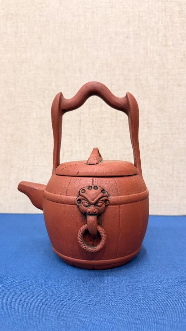 【在銘】紫砂 提梁壺｜獅子面環装・古作風合｜一点物 幅約12・高さ約17