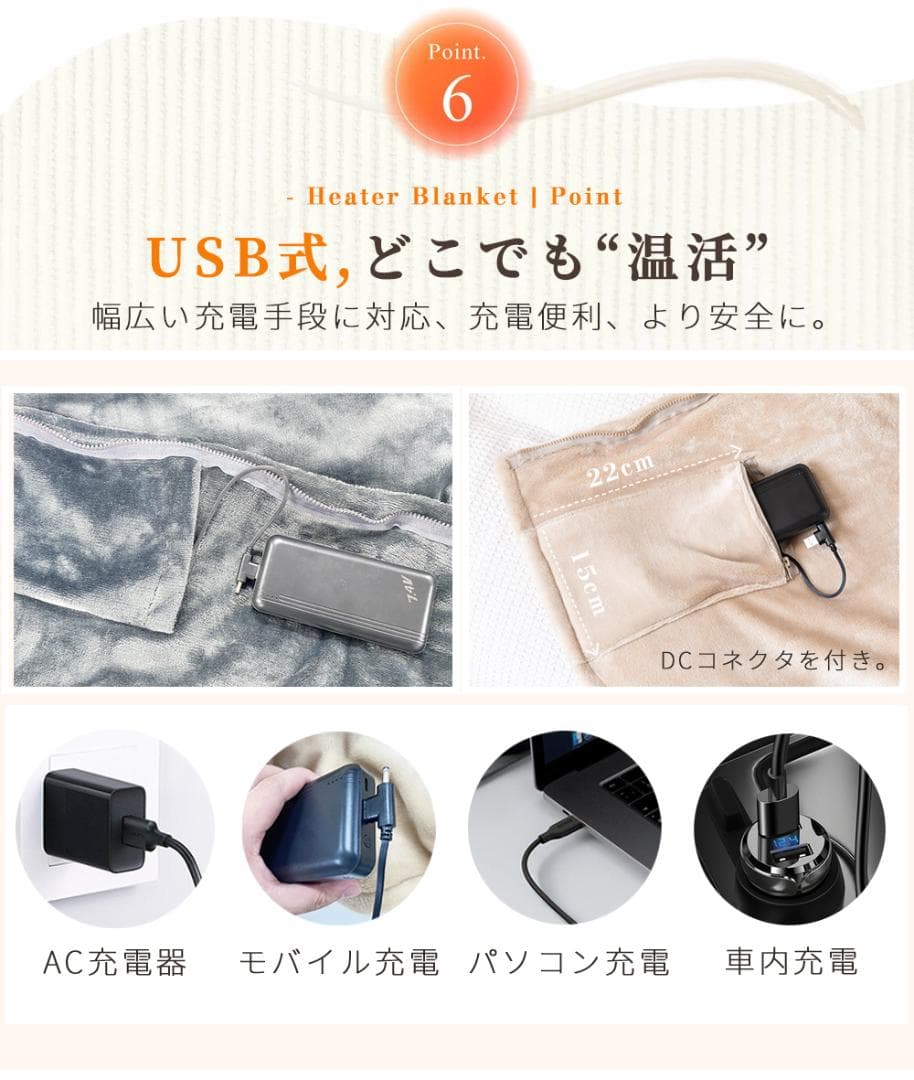 電気毛布 5WAY 9枚炭素繊維ヒーター ひざ掛けUSB給電式 150×85cm