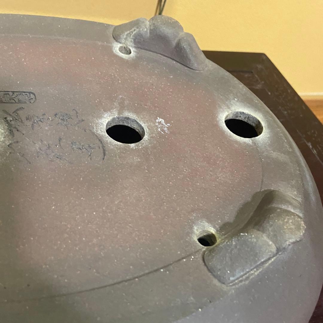 【落款あり】松泉焼 山秋造 楕円袋式雲足 紫泥 盆栽鉢 真柏 時代鉢