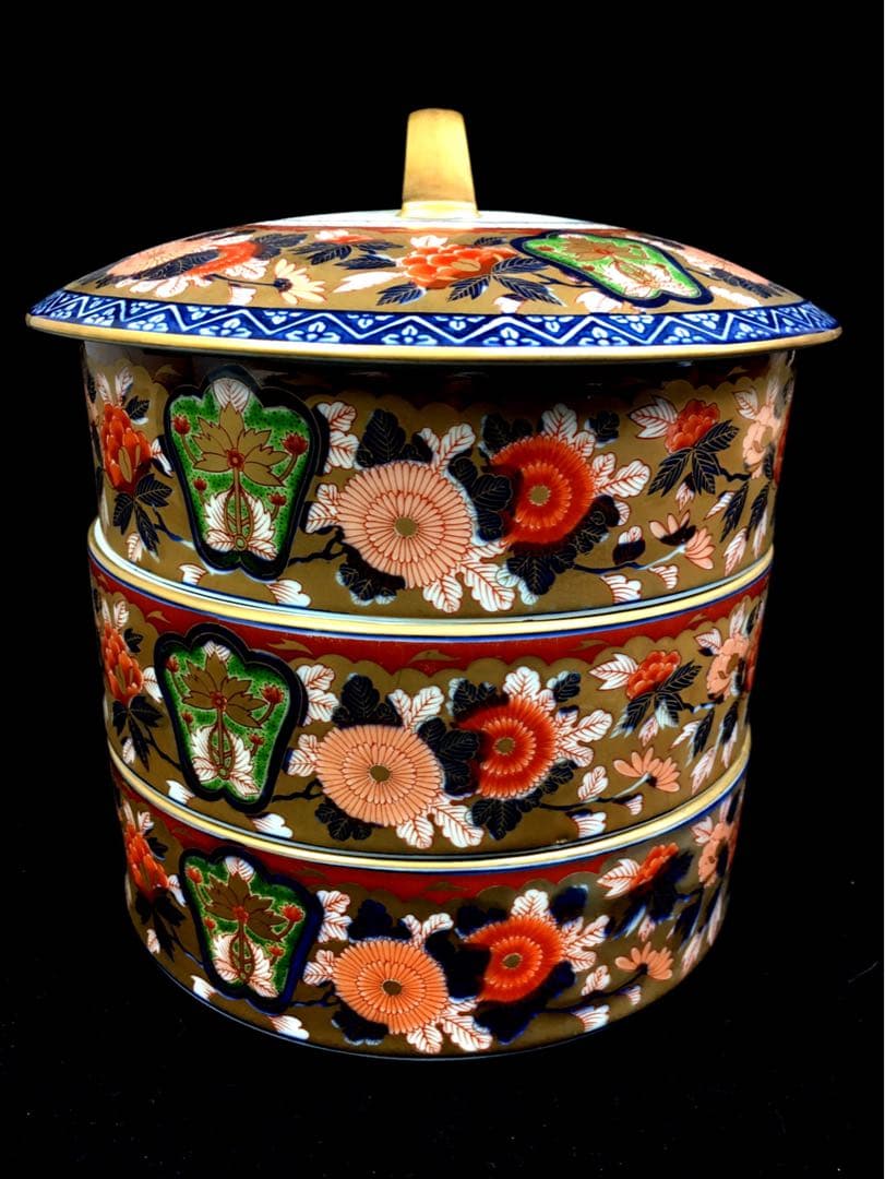 S84有田焼 日肥其泉・昭和年製 金彩色絵花紋 三段重・重鉢