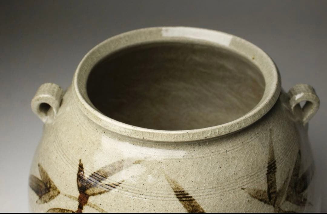 十三代中里太郎右衛門(逢庵)作 叩き絵唐津 耳付竹文壷 21㎝ 平成七年 共箱