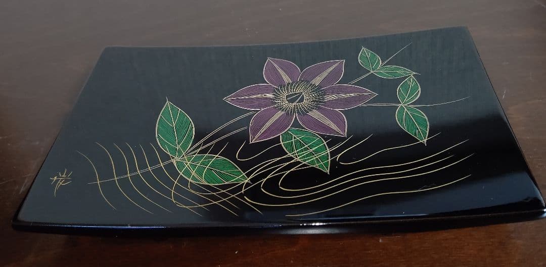 象嵌 絵変 銘々皿 5客 角野岩次 沈金 四角 黒 脚付き