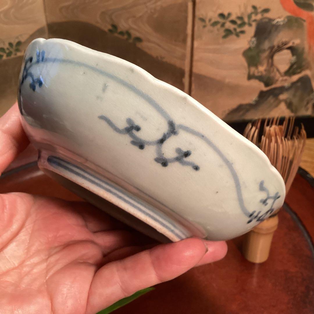 A996❷古伊万里　染付（柿右衛門）花唐草　見込栗紋様　輪花型　膾皿　1枚