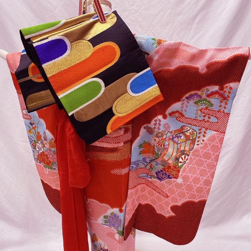 505ag6◎七五三 七歳 女児 着物&袋帯 総絞り風 金駒刺繍 雪輪 赤◎